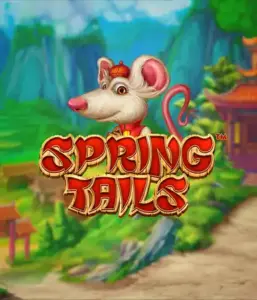 An enchanting illustration of a mouse dressed in traditional Chinese attire standing in a vibrant mountain backdrop. The image promotes the Spring Tails game by Betsoft, showcased with bold gold and red logo text.