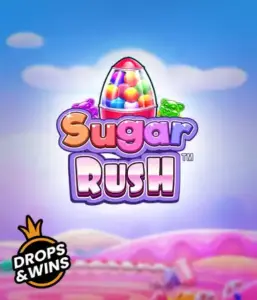 Enjoy the delightful world of the Sugar Rush slot game by Pragmatic Play, featuring a bright candy dispenser on a fantastic candy landscape. This graphic captures the playfulness of the slot, highlighted with bright candies and enticing typography. Ideal for candy lovers, promising a delightful gaming experience. 